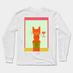 Local Bartender Cat Retro Poster Vintage Art Cocktail Wall Orange Pink Illustration Long Sleeve T-Shirt